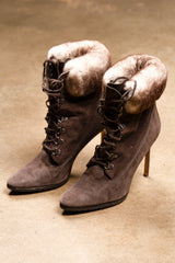 Manolo Blahnik Brown Suede Lace-Up Heels with Fur