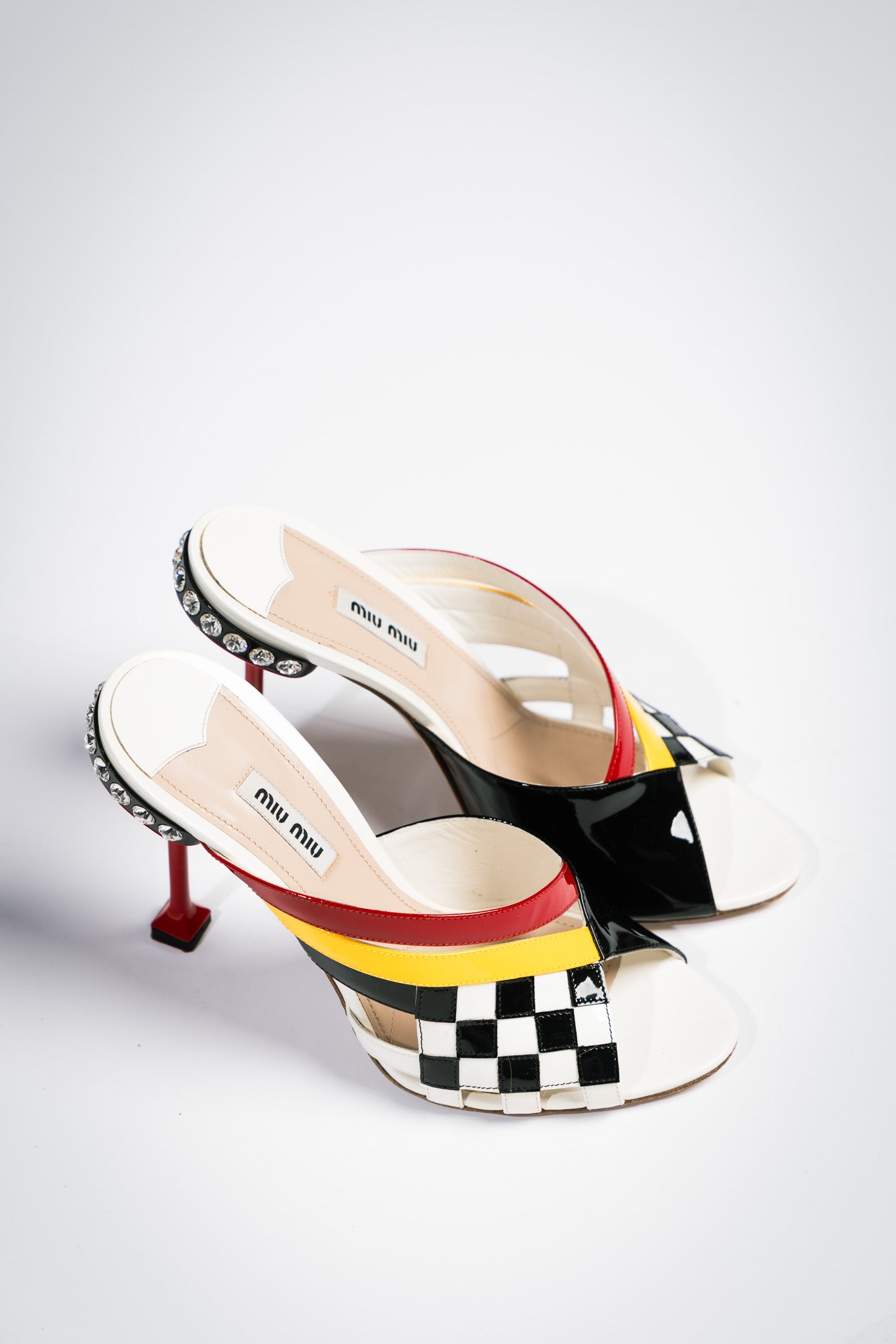 Miu Miu Racing Checkered Crystal Mule Heels (SS2017)