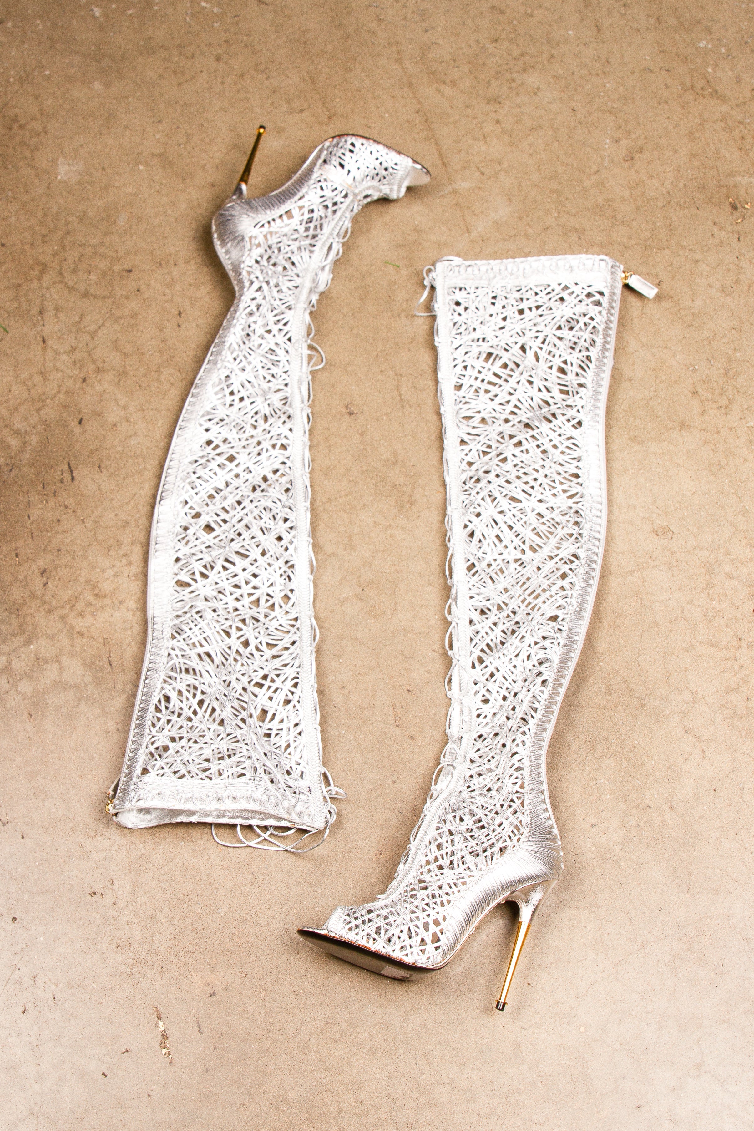 Tom Ford SS2014 Silver Laser-Cut Thigh-High Boot