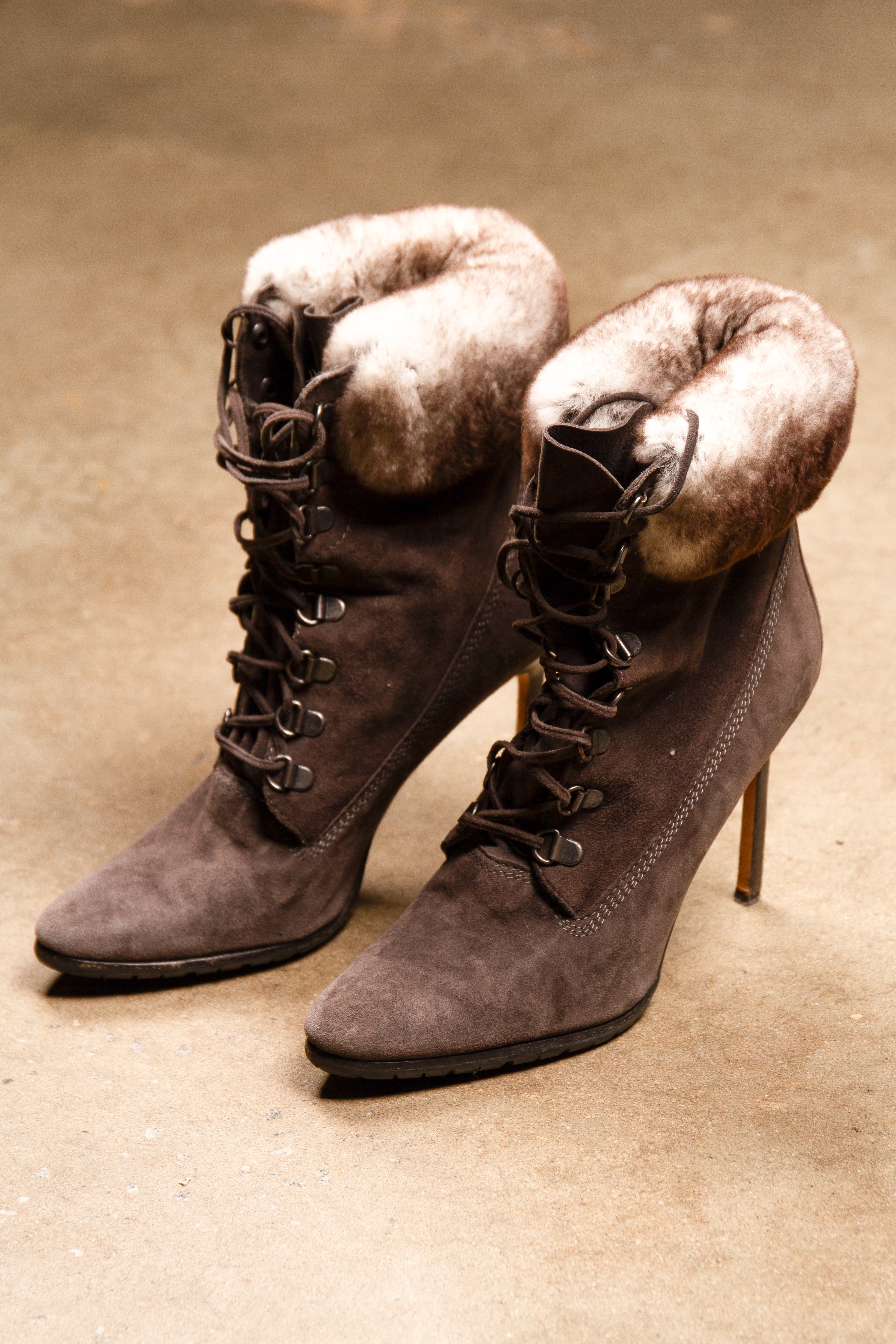Manolo Blahnik Brown Suede Lace-Up Heels with Fur