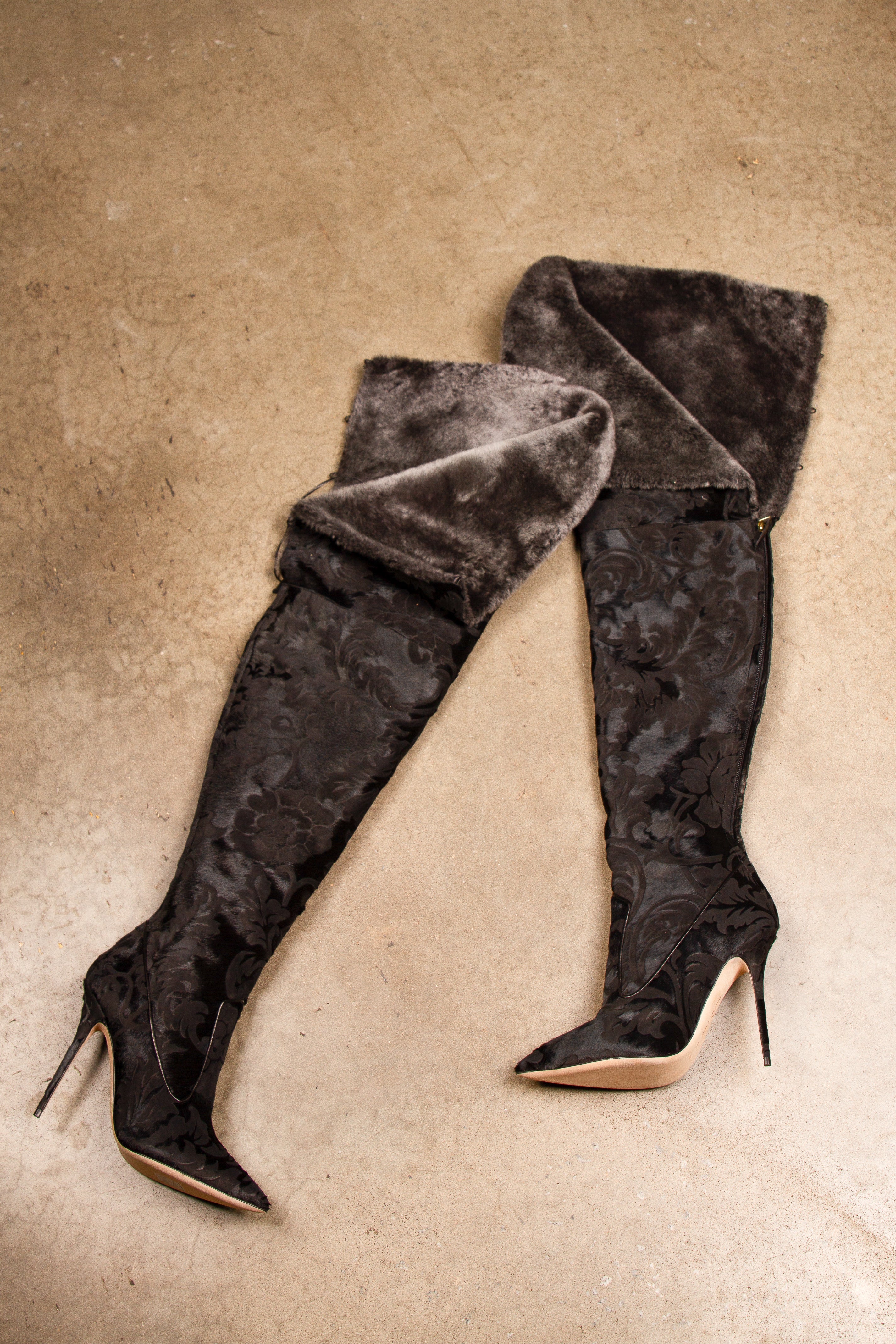 Rihanna x Manolo Blahnik Floral Pony Hair High Boots